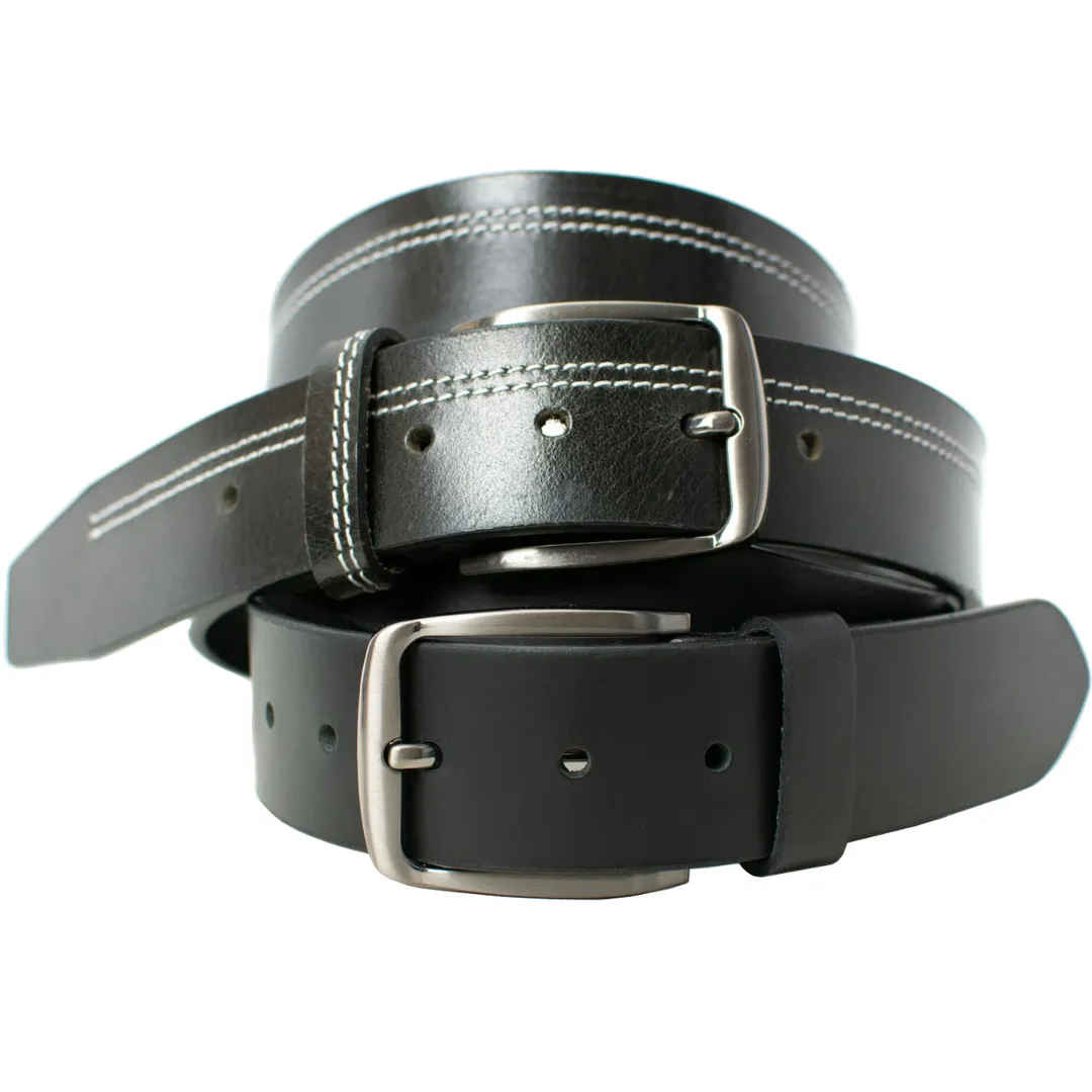 Millennial Black and Black Stitched Leather Belt Set by Nickel Zero®