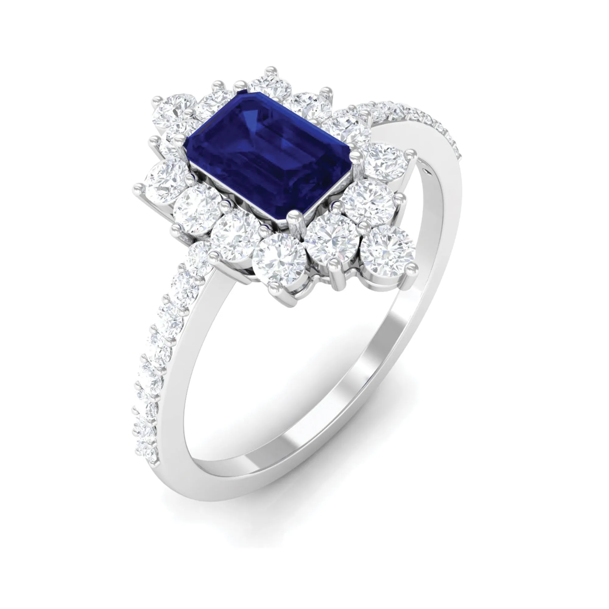 Octagon Blue Sapphire and Diamond Halo Engagement Ring