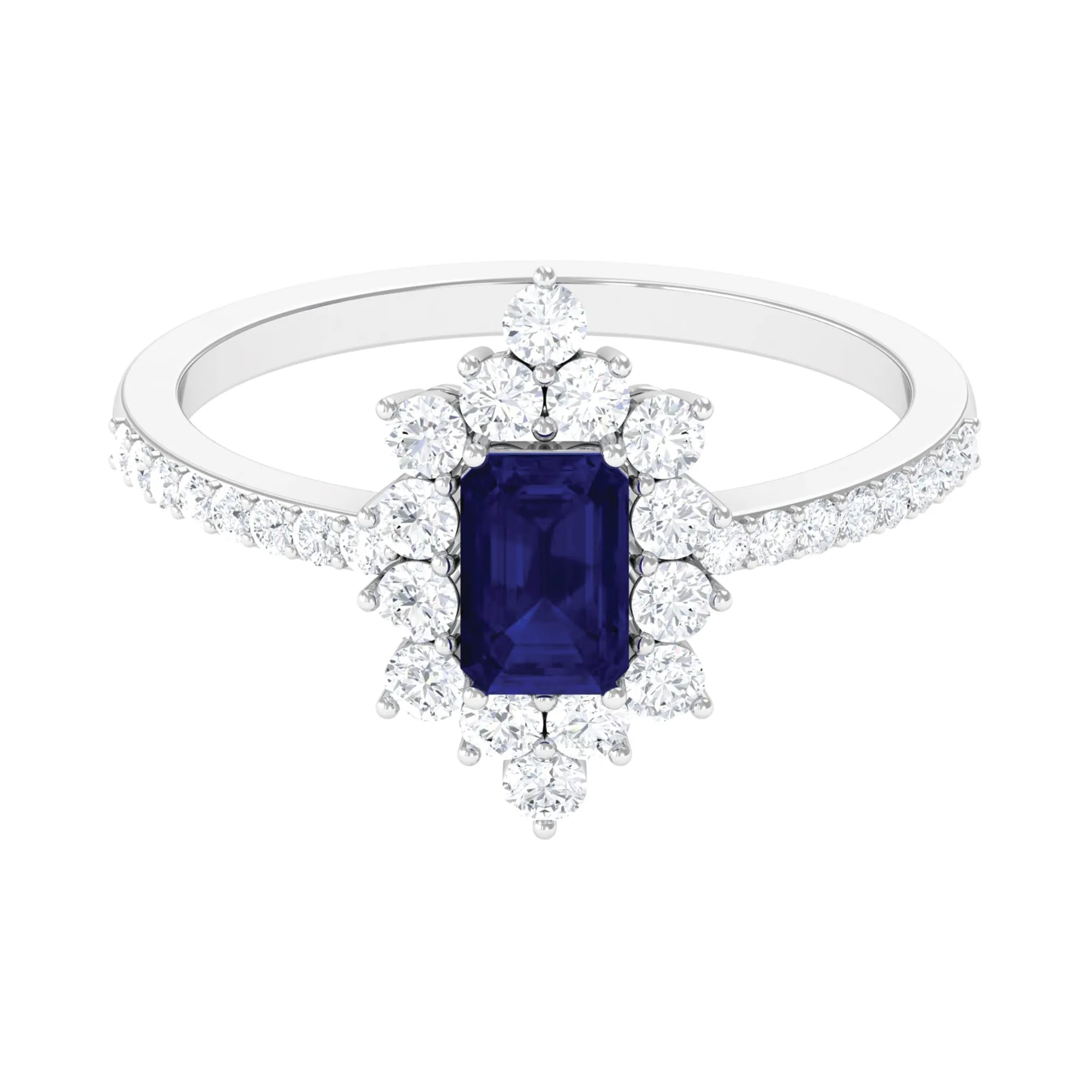 Octagon Blue Sapphire and Diamond Halo Engagement Ring