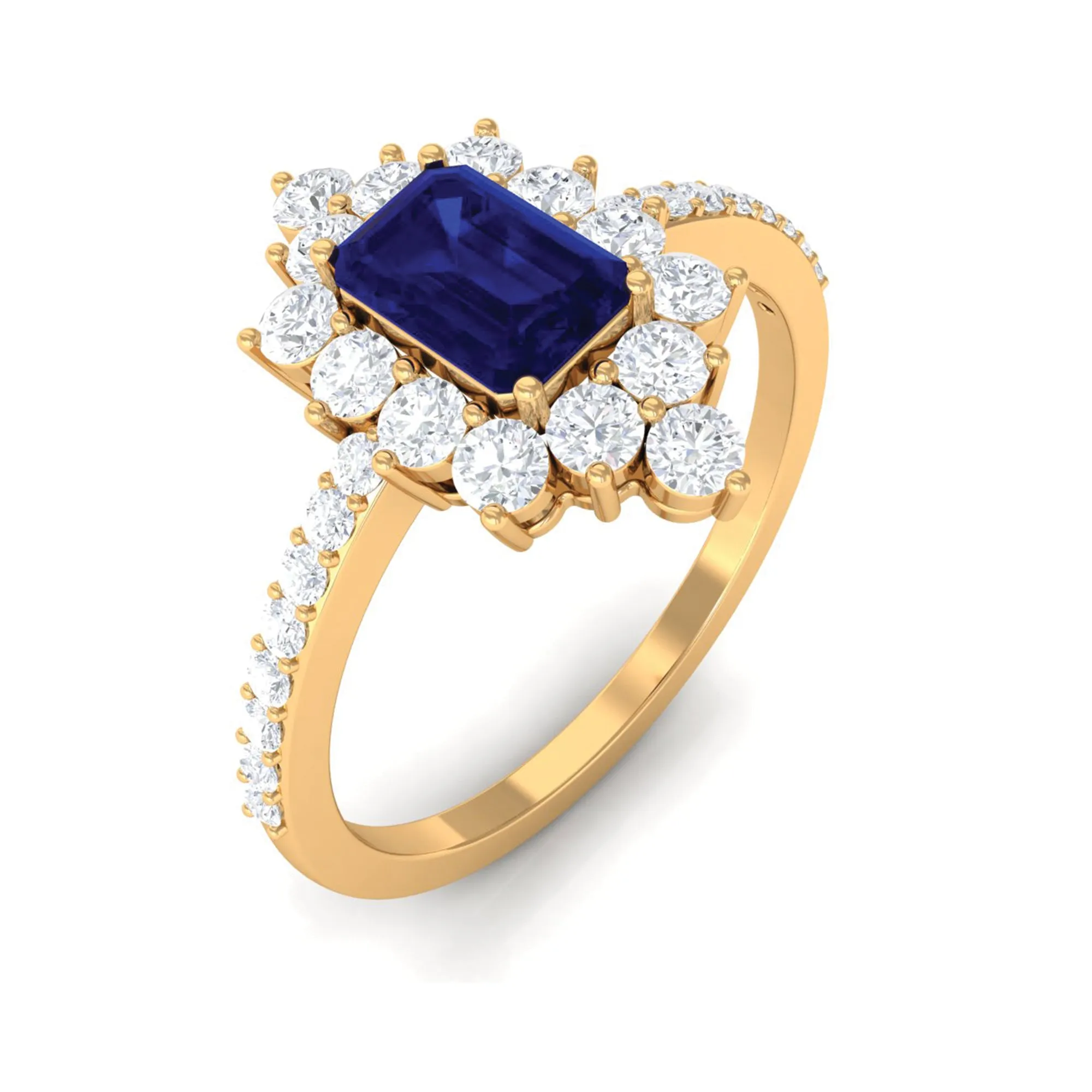 Octagon Blue Sapphire and Diamond Halo Engagement Ring