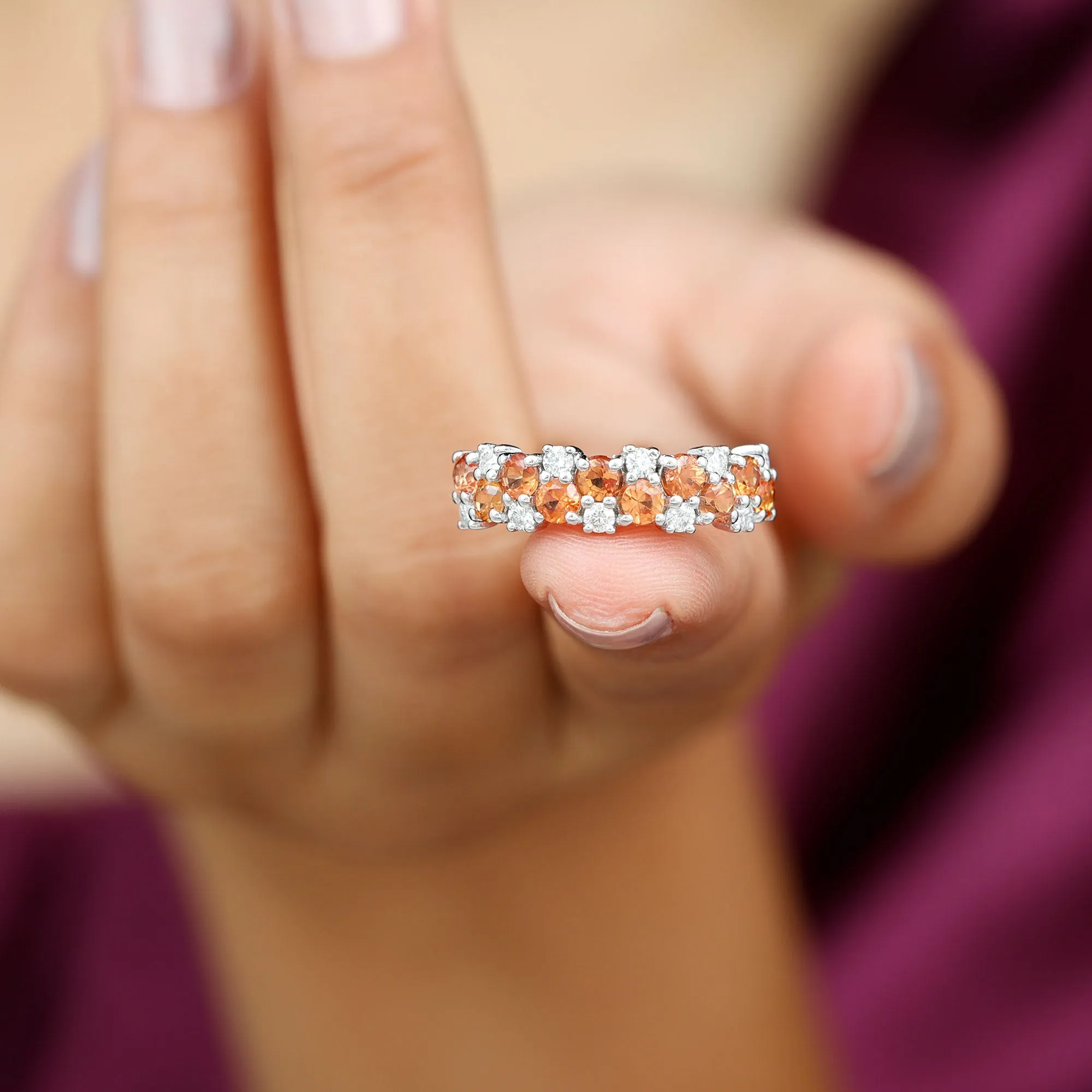 Orange Sapphire and Diamond Cluster Half Eternity Ring