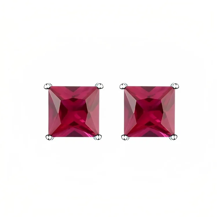 Paris Jewelry 18k White Gold 2 Pair Created Ruby 4mm Round & Princess Cut Stud Earrings Plated