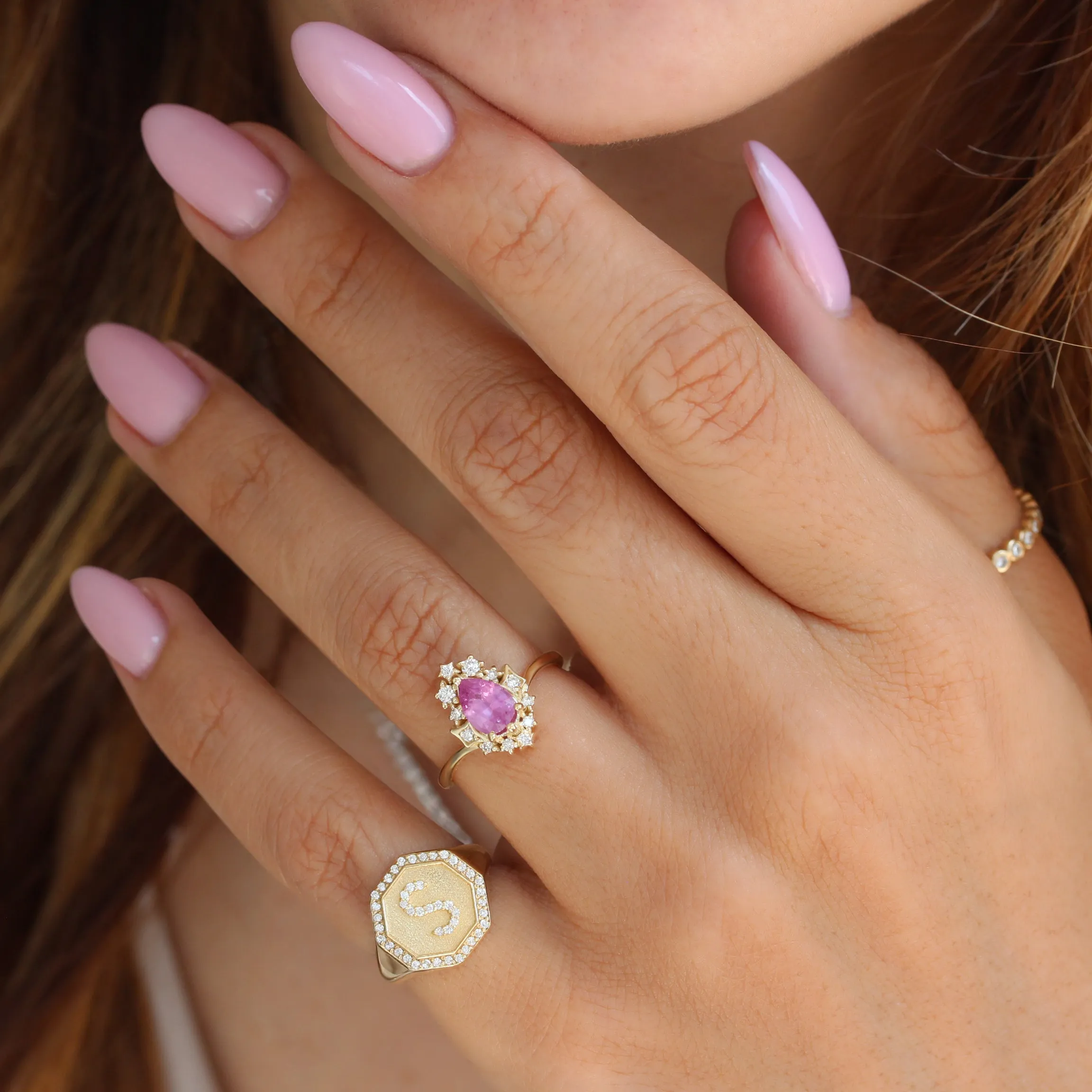 Pear Pink Sapphire Celestial Diamond Halo Ring