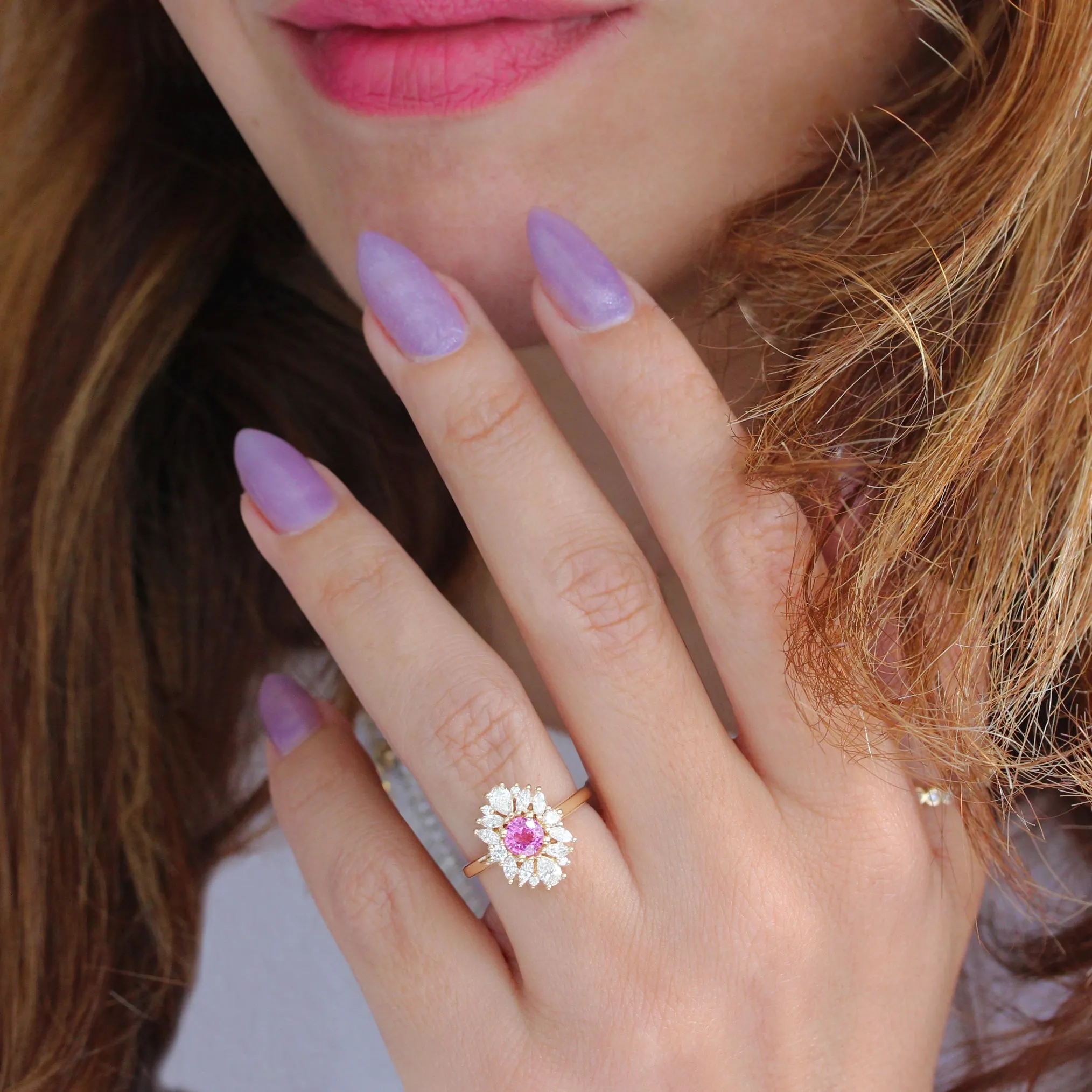 Pink sapphire unique diamond cluster halo engagement ring, Odisea