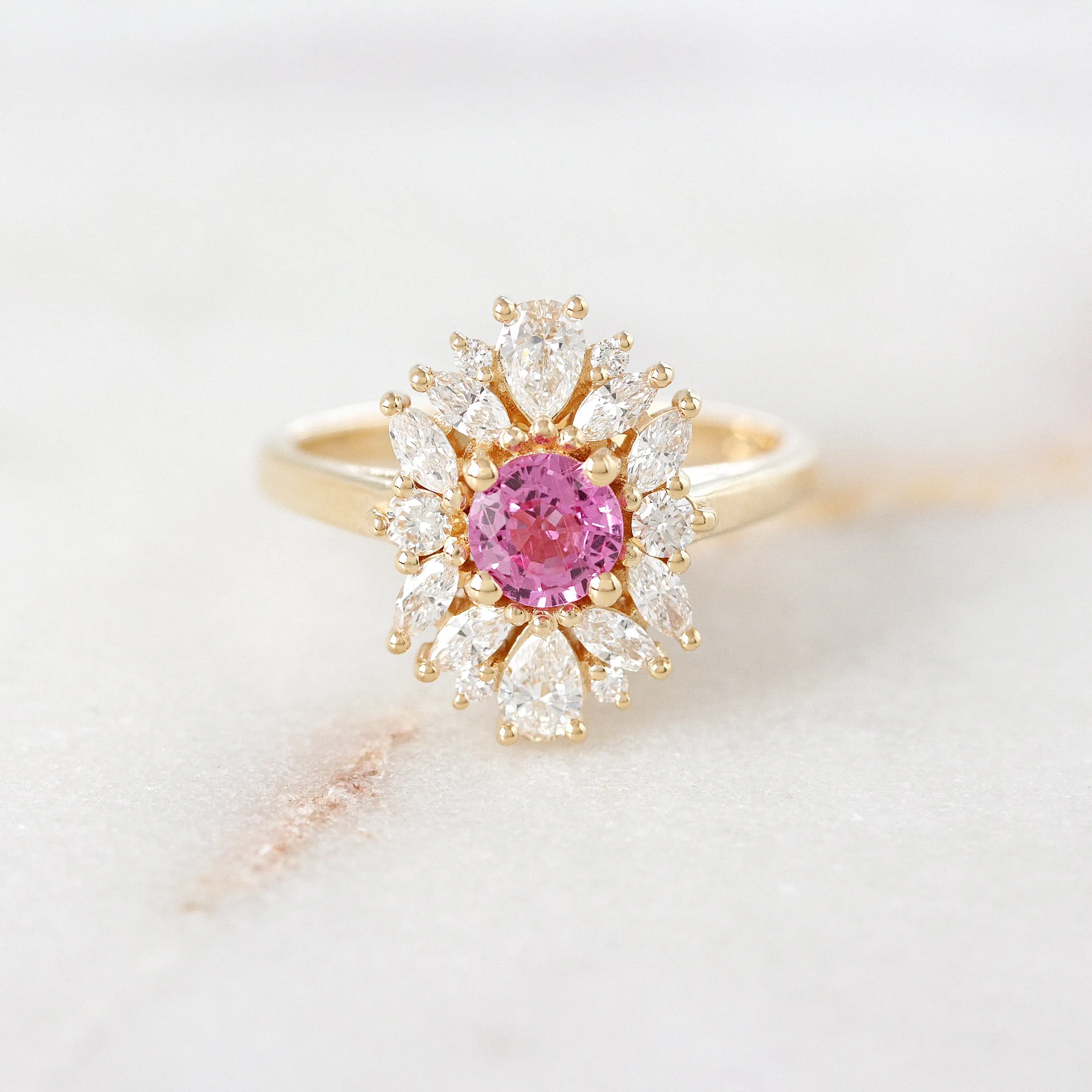 Pink sapphire unique diamond cluster halo engagement ring, Odisea