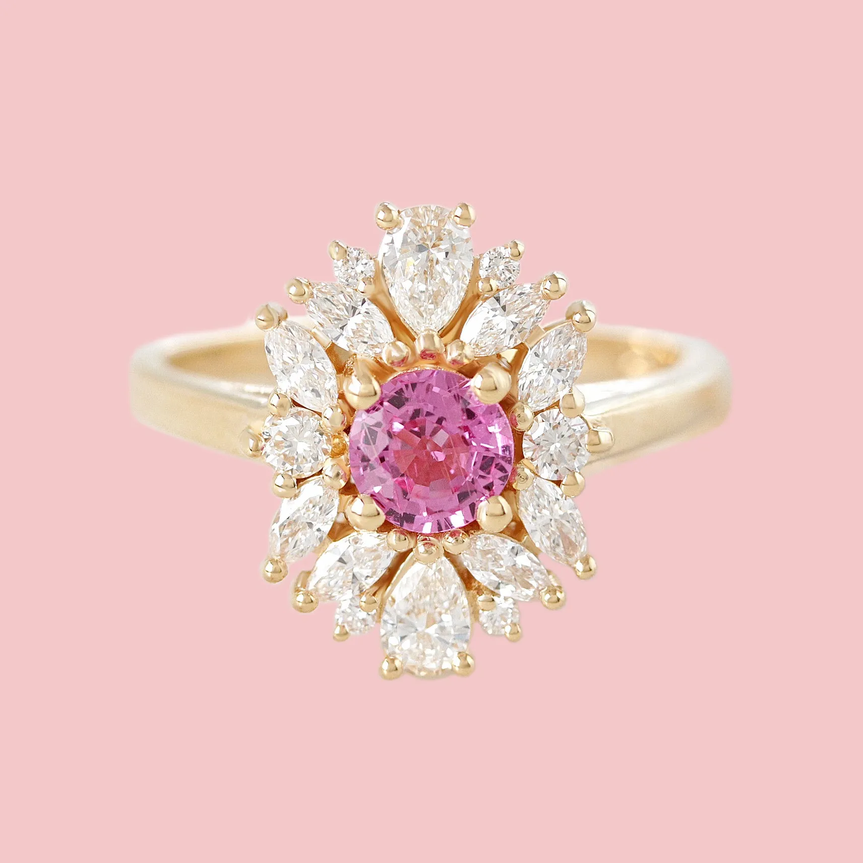 Pink sapphire unique diamond cluster halo engagement ring, Odisea