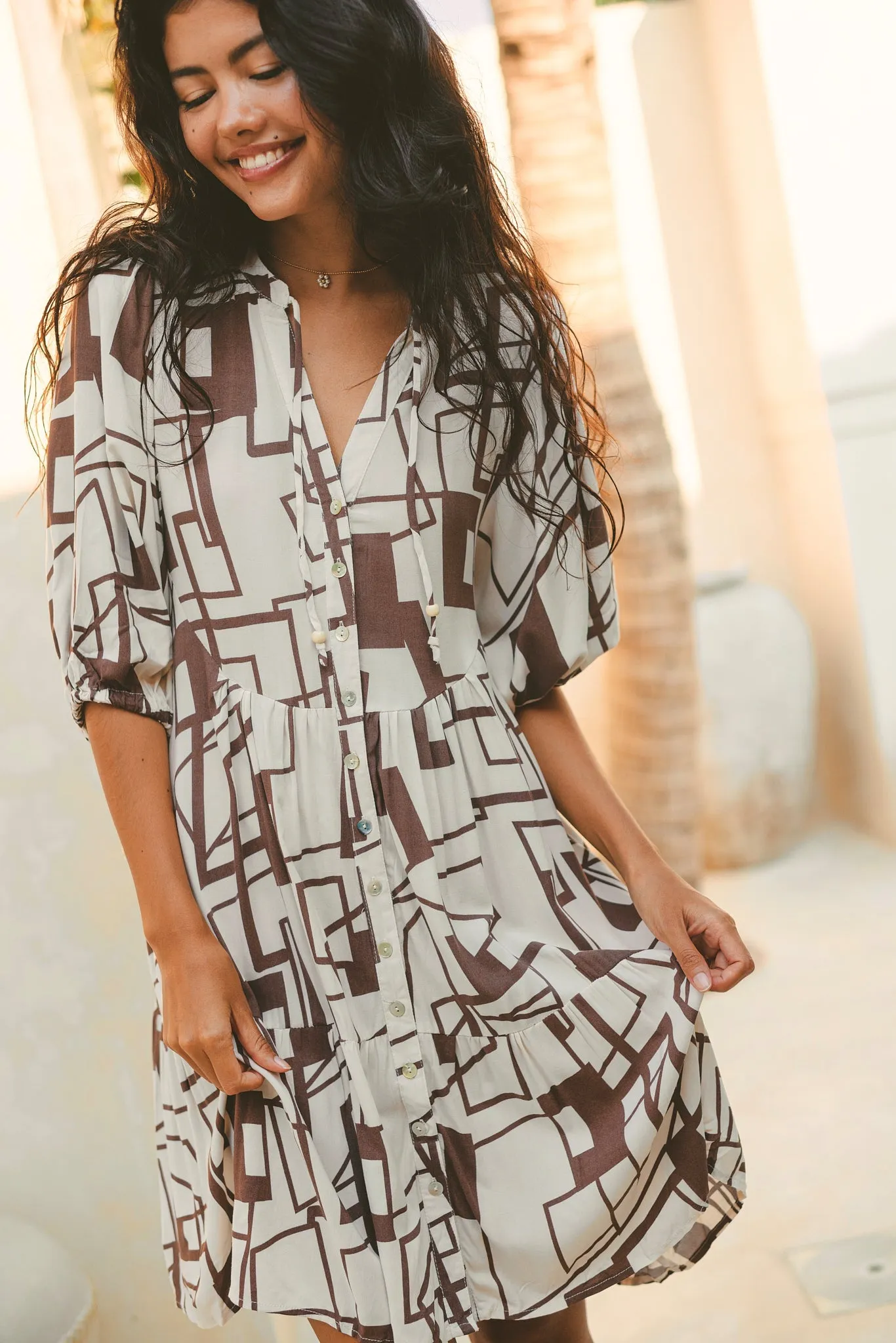 Raven Brown Geometric Button Down Mini Dress