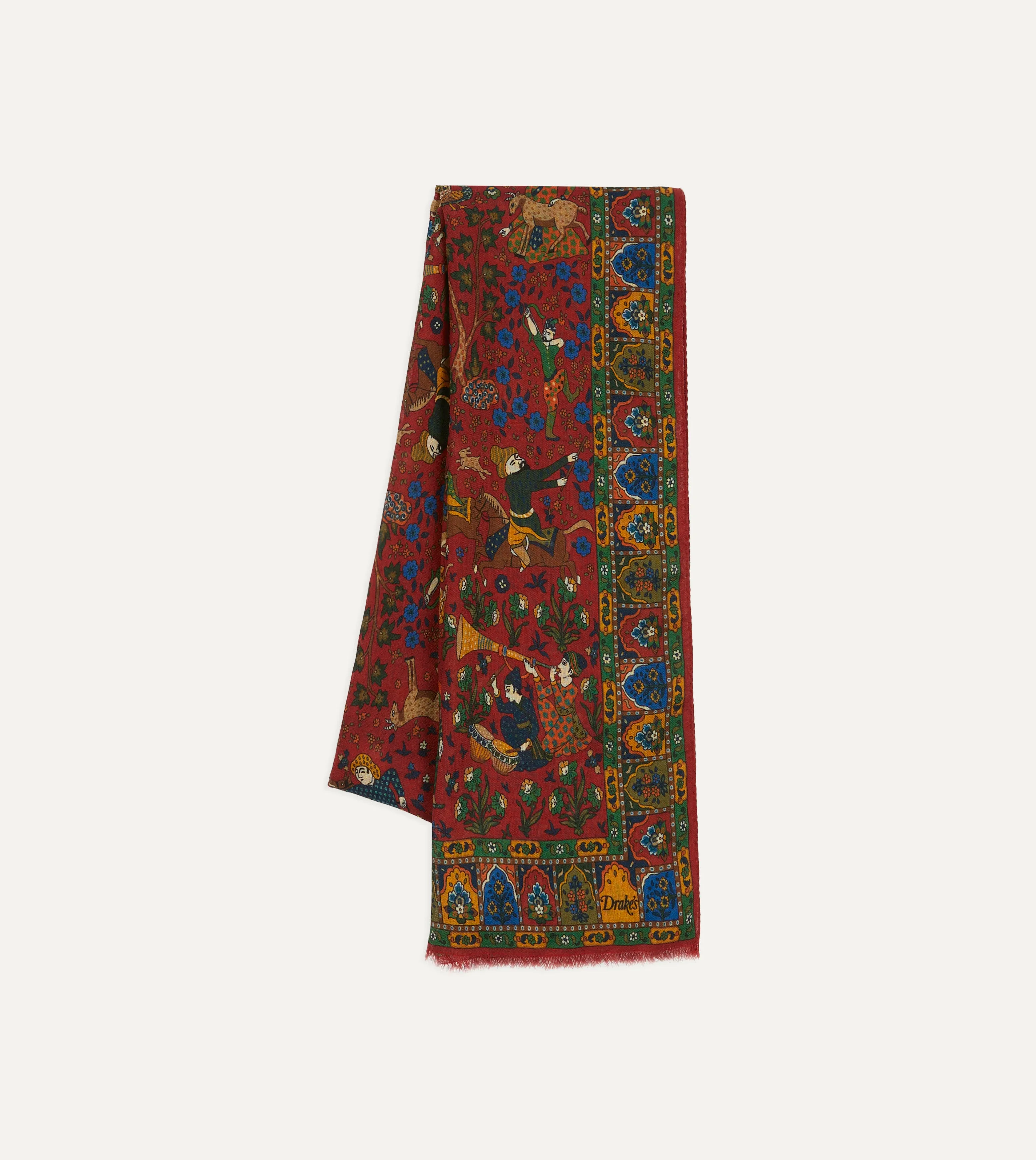 Red Mughal Hunter Print Wool-Silk Scarf