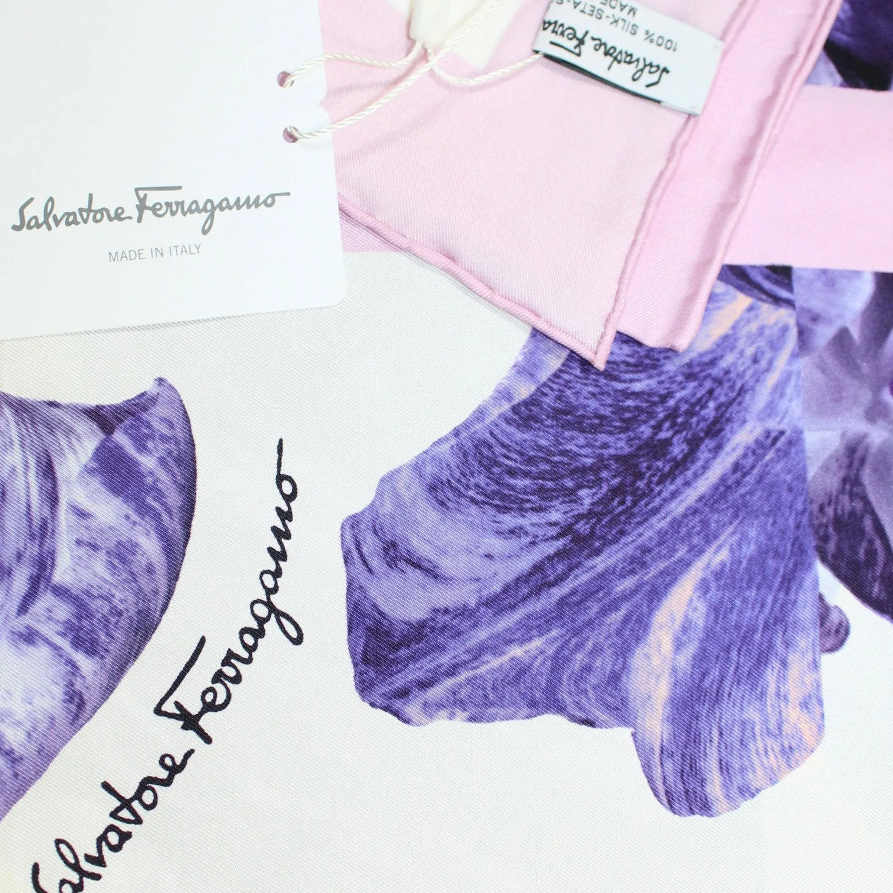 Salvatore Ferragamo Scarf Pink Purple Tulipani Design - Large 36" Square Twill Silk Foulard SALE