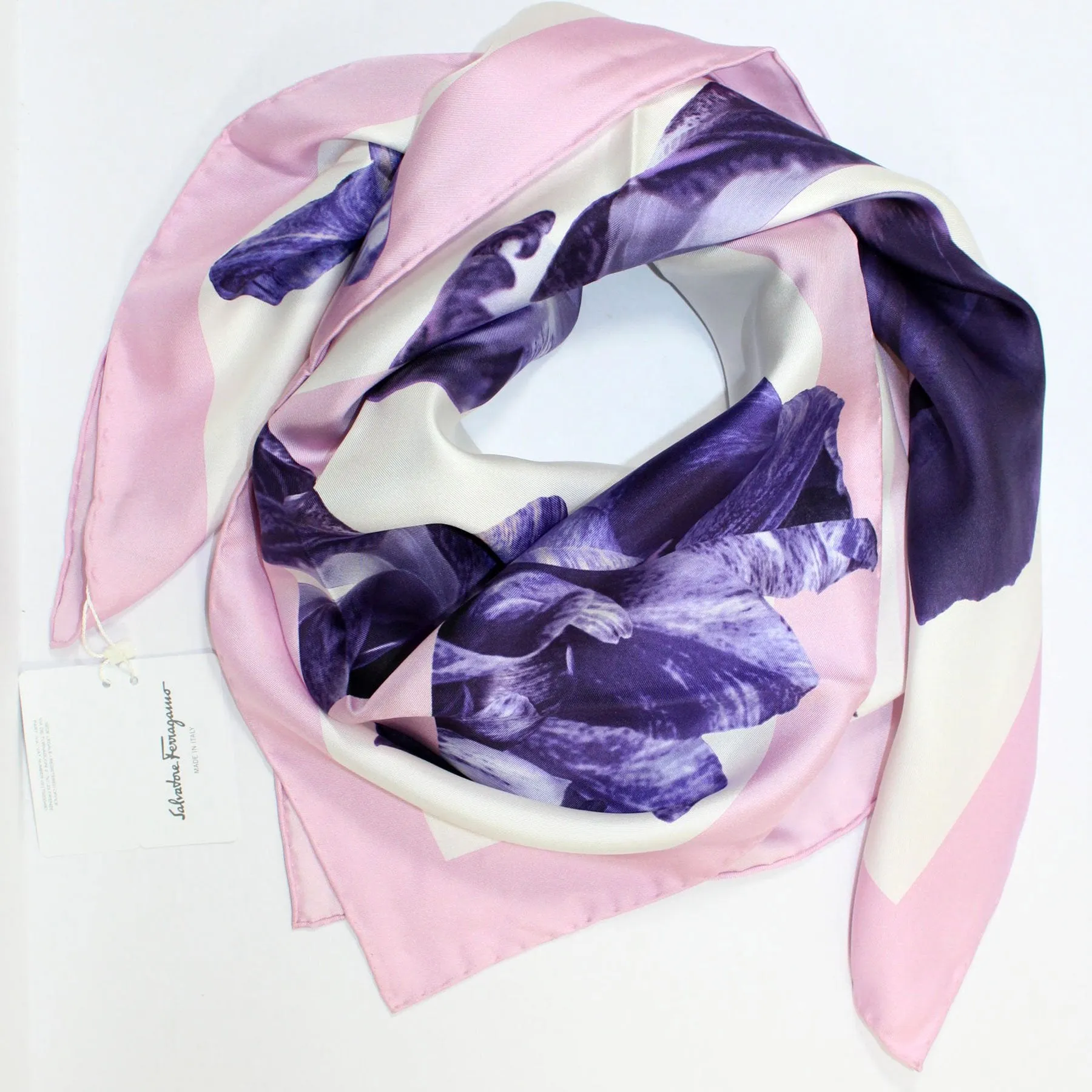 Salvatore Ferragamo Scarf Pink Purple Tulipani Design - Large 36" Square Twill Silk Foulard SALE