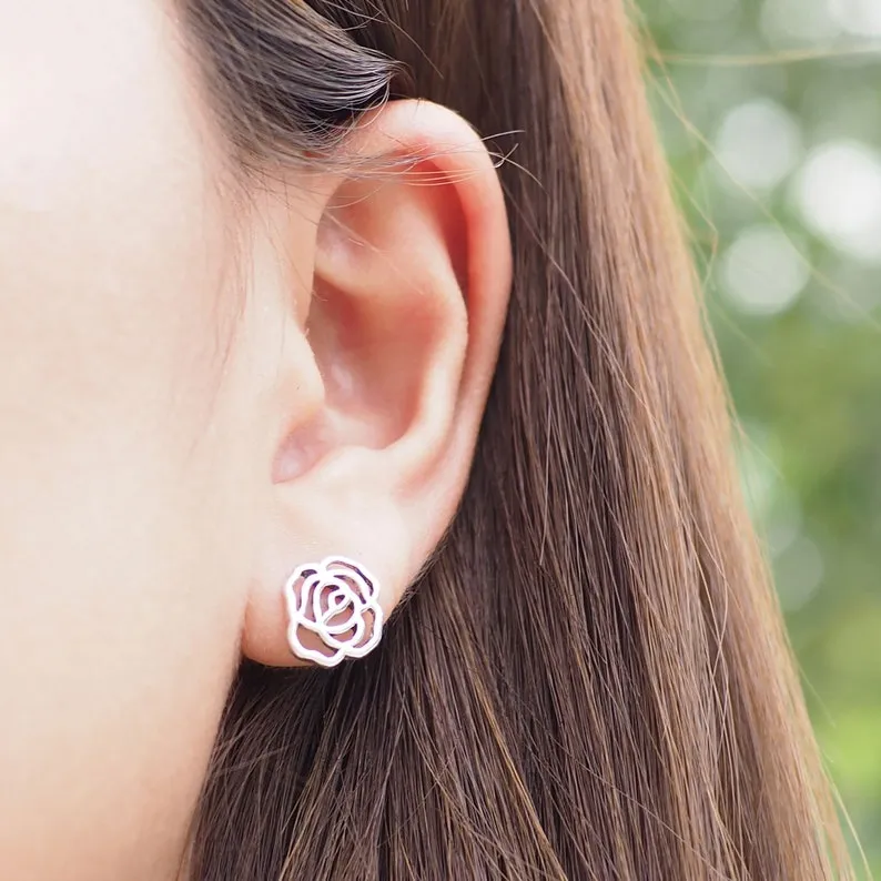 Sterling Silver Open Rose Stud Earrings