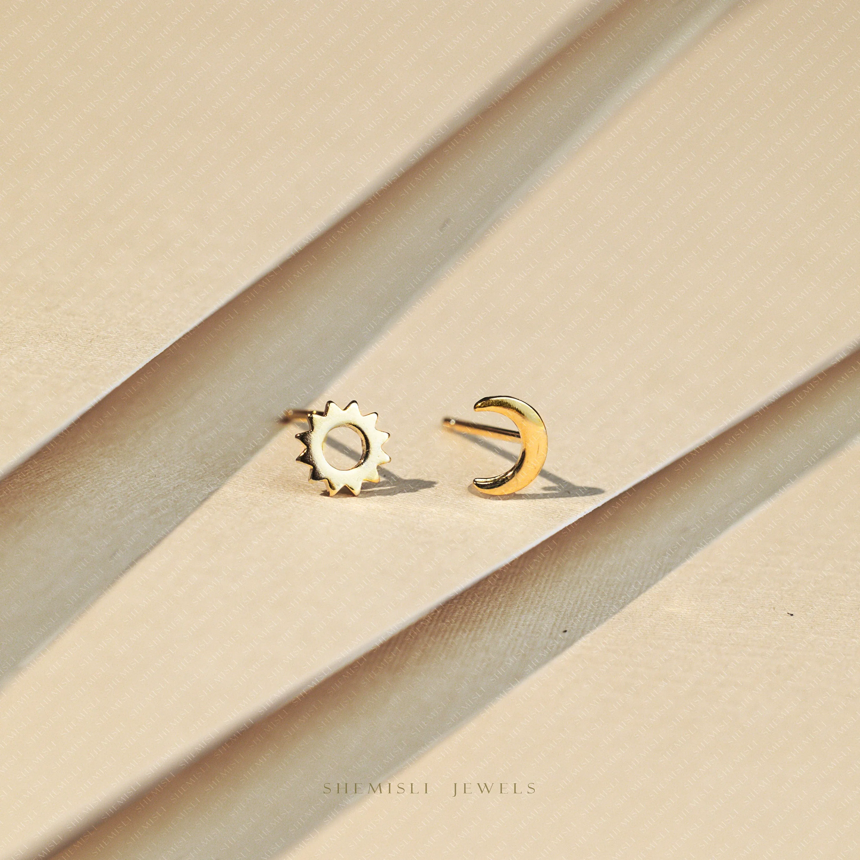 Sun and Moon Studs Earrings, Mismatched Celestial Earrings, Mini Studs, Unisex, Gold, Silver SHEMISLI SS019