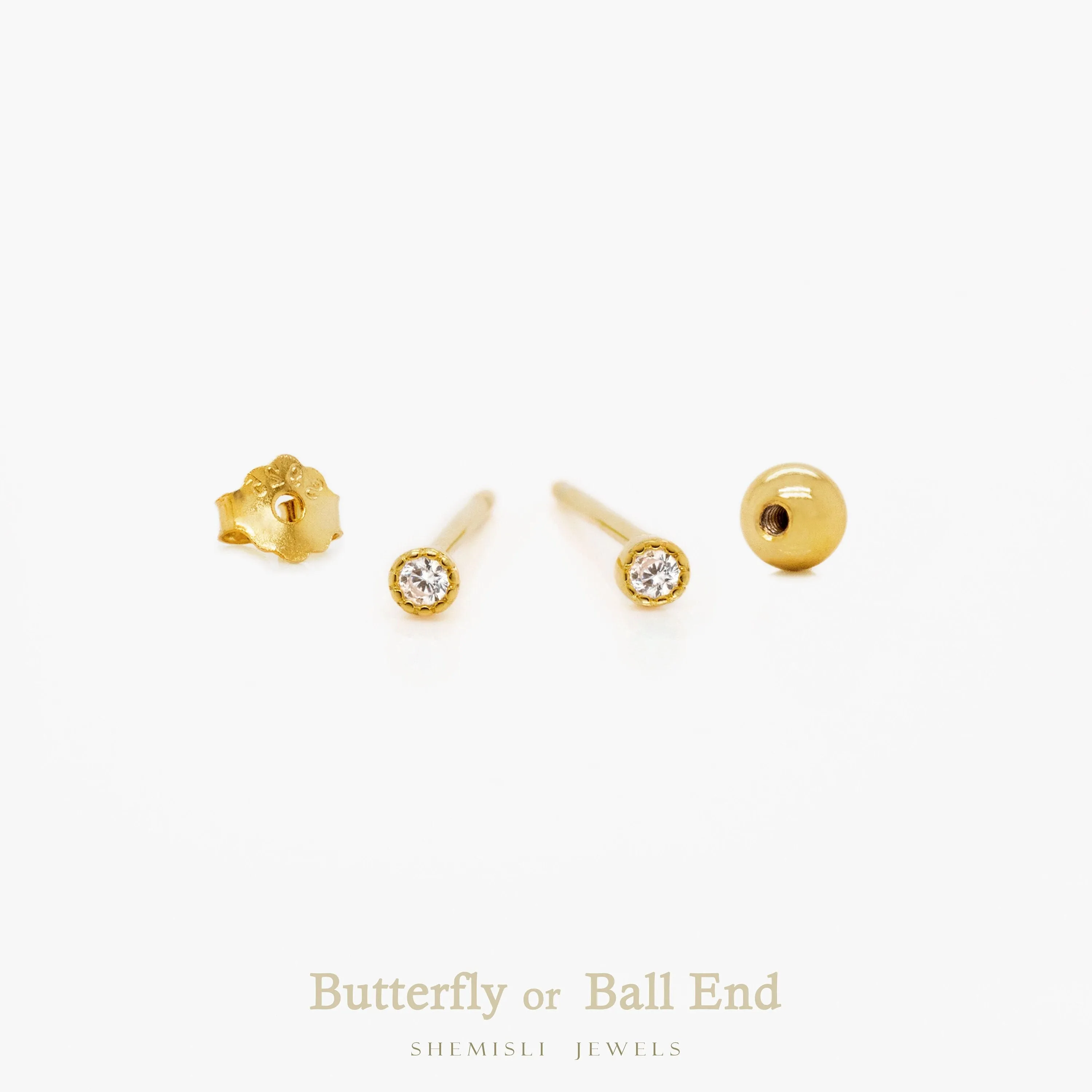 Super Tiny White CZ Stone Studs, Unisex, Gold, Silver SHEMISLI - SS231 Butterfly End, SS964 Screw Ball End (Type A)