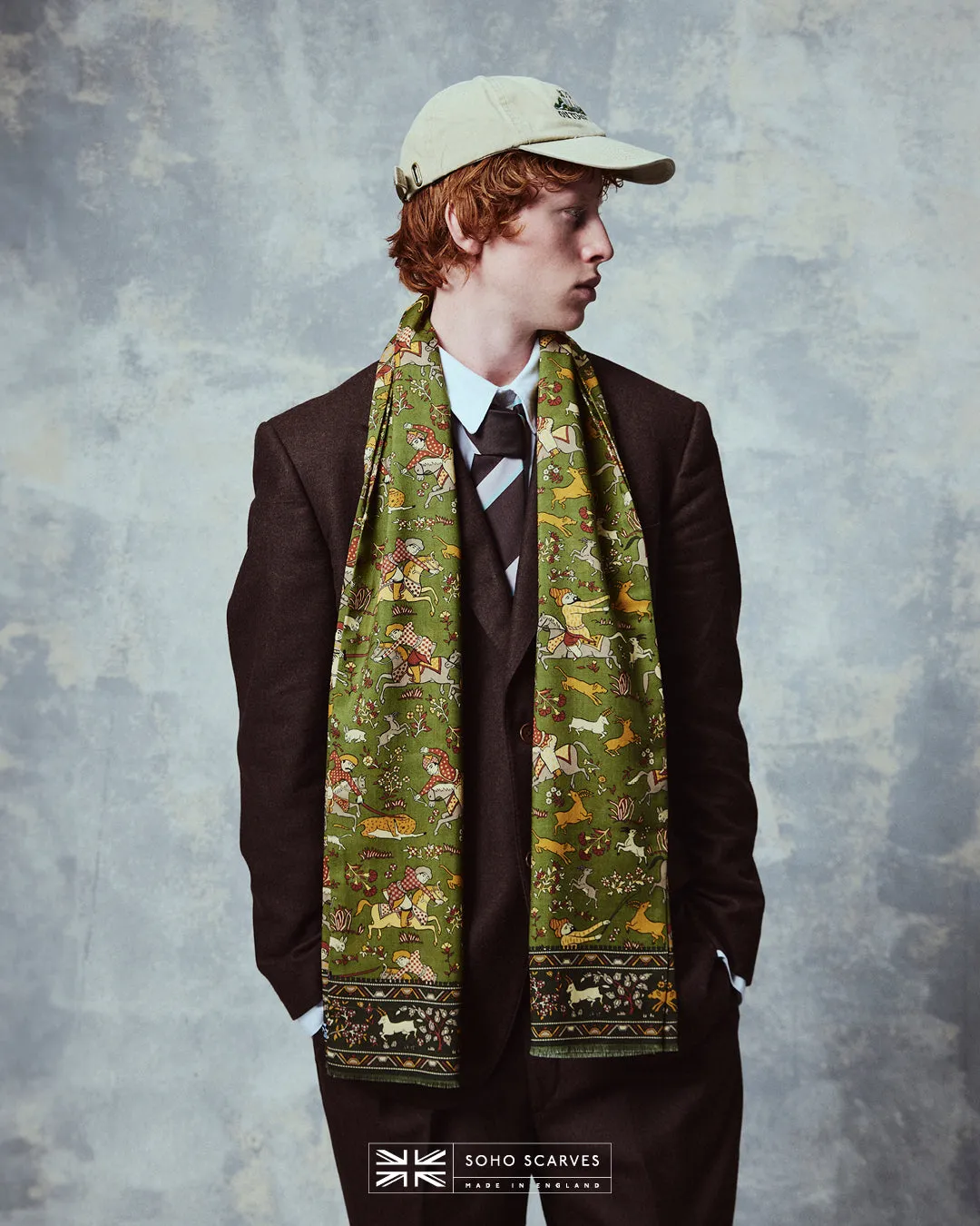 UK Wool and Silk Scarf - Hunters in Olive Green